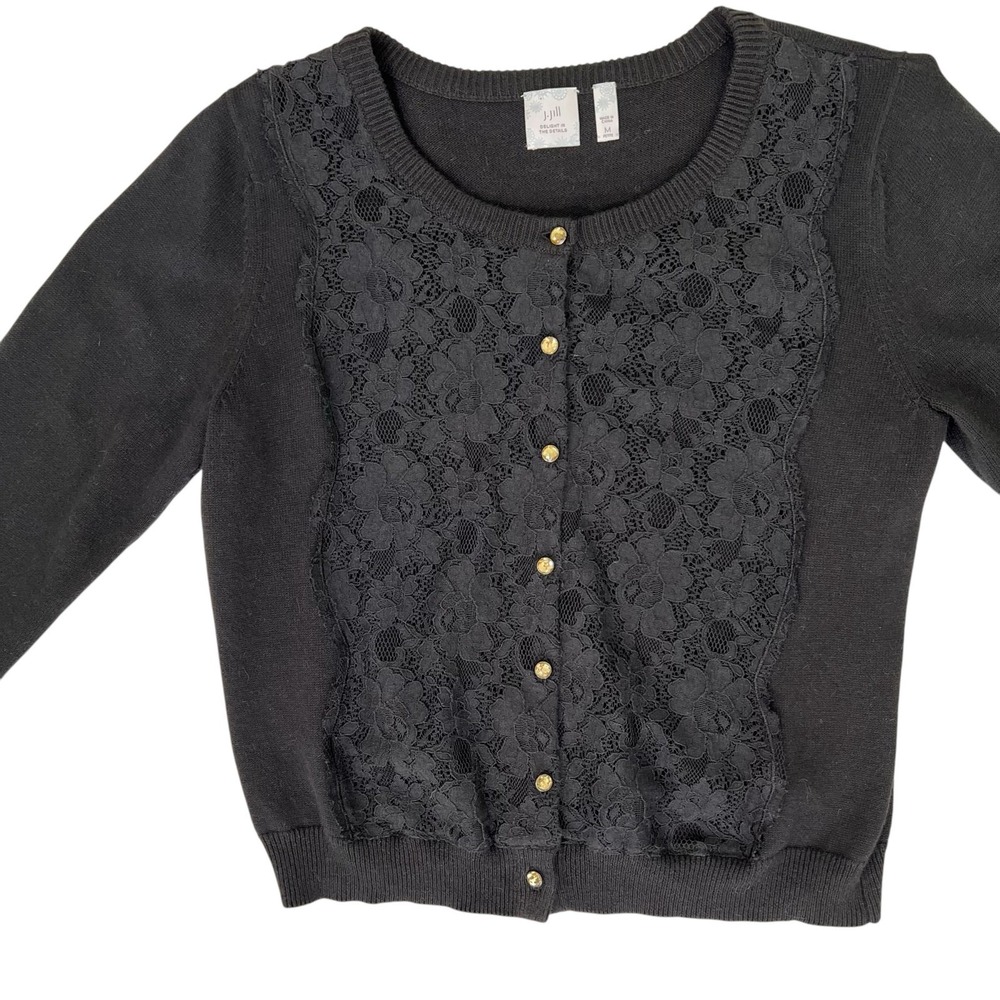 J. Jill Womens Black Lace Cardigan Sweater Medium Petite Alpaca Blend Minimalist